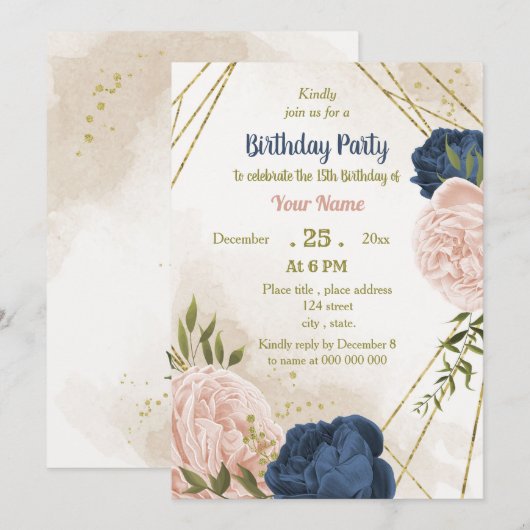 Invitation anniversaire de la marine des fleurs rousses vert (Devant / Derrière)