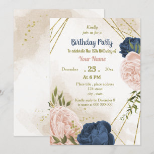 Invitation anniversaire de la marine des fleurs rousses vert