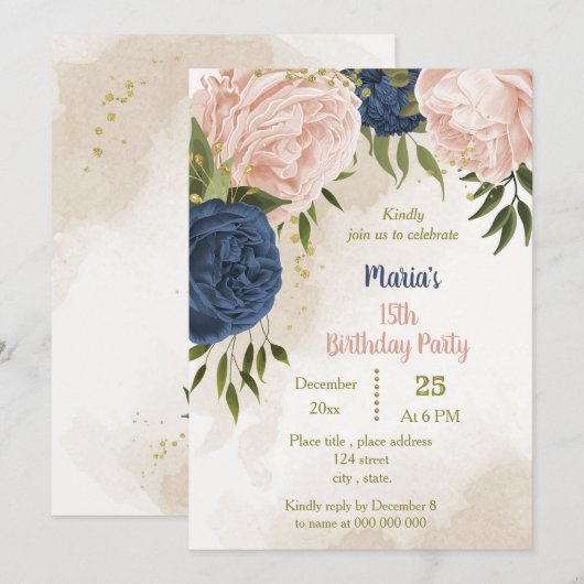 Invitation anniversaire de la marine des fleurs rousses vert (Devant / Derrière)