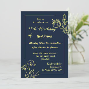Invitation Anniversaire de la marine florale d'or simple