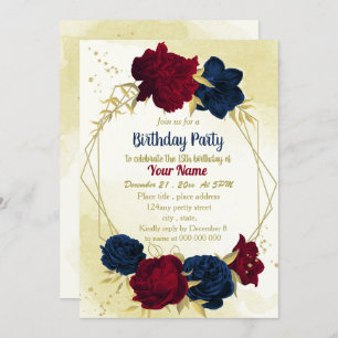 Invitation anniversaire de la marine rouge fleurs or feuille