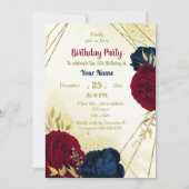 Invitation anniversaire de la marine rouge fleurs or feuille (Devant)