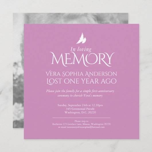 Invitation Anniversaire de la mort colombe blanche rose blanc (Devant / Derrière)