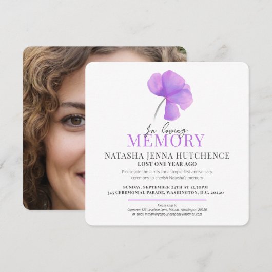 Invitation Anniversaire de la mort violet photo de la fleur d (Devant / Derrière)