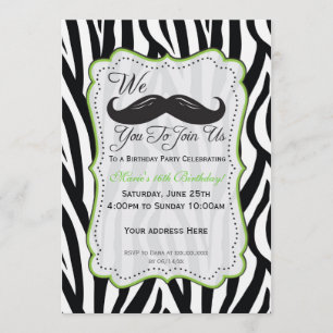 Invitation Anniversaire de la Moustache Zebra - Noir & Lime V