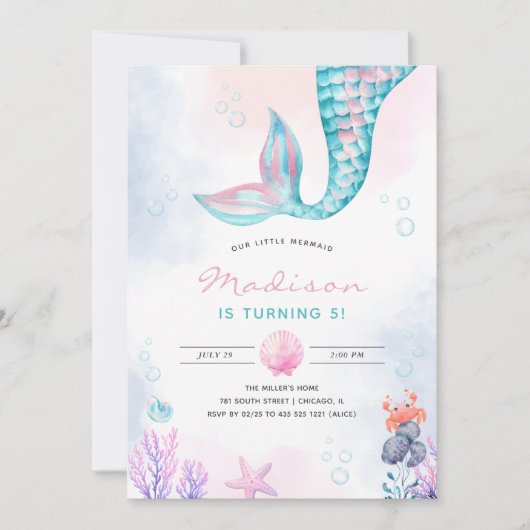 Invitation Anniversaire de la petite sirène (Devant)