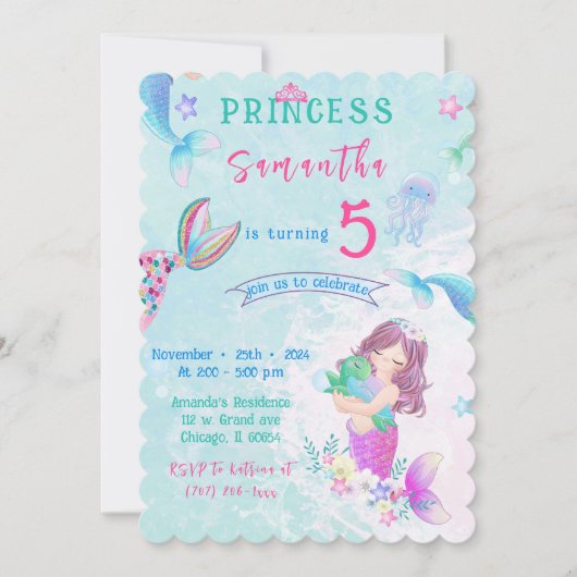 Invitation Anniversaire de la Petite Sirène Modifiable (Devant)