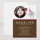 Invitation Anniversaire de la photo d'éléphant rose chaud et  (Devant / Derrière)