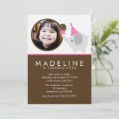 Invitation Anniversaire de la photo d'éléphant rose chaud et  (Debout devant)