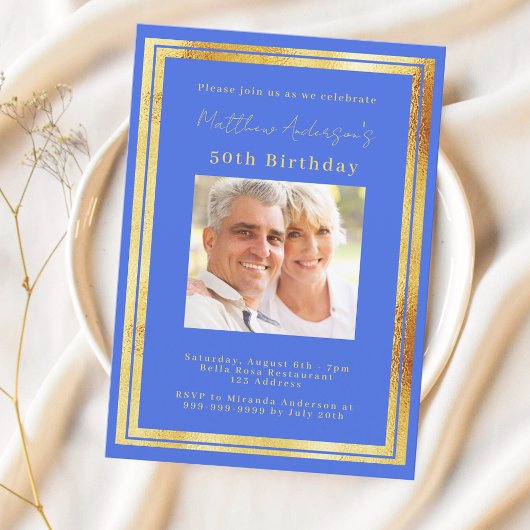 Invitation Anniversaire de la photo en or bleu Royal