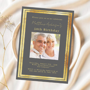 Invitation Anniversaire de la photo en or gris charbon