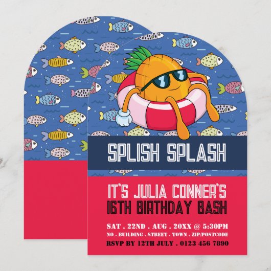 Invitation Anniversaire de la piscine de poisson caricaturale (Devant / Derrière)