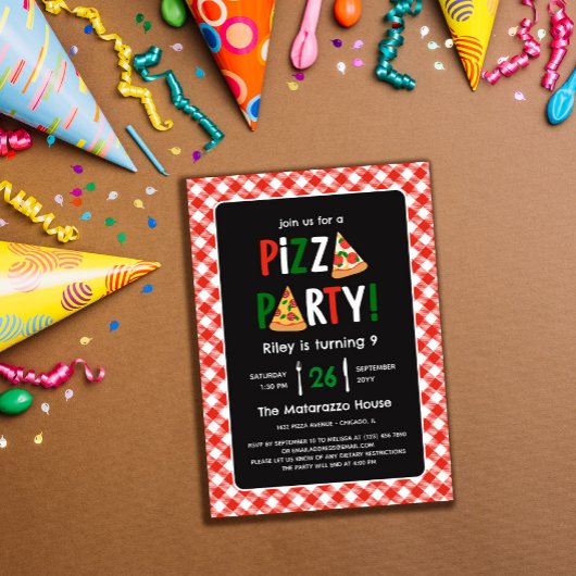 Invitation Anniversaire de la Pizza En vichy Rouge de charme