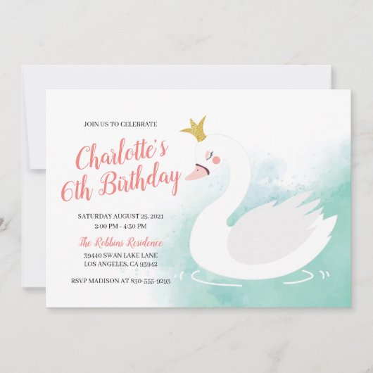 Invitation Anniversaire de la princesse de cygne rose et Turq (Devant)