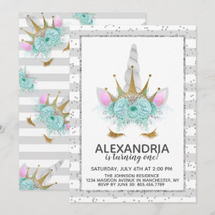 Invitation Anniversaire de la princesse licorne argent et or