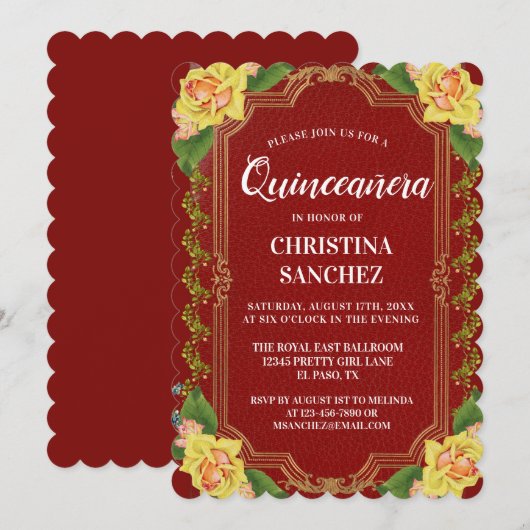 Invitation Anniversaire de la Quinceanera de rose jaune de Bo (Devant / Derrière)