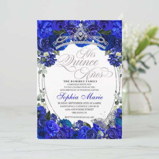 Invitation Anniversaire de la Quinceanera Royal Blue Silver (Debout devant)