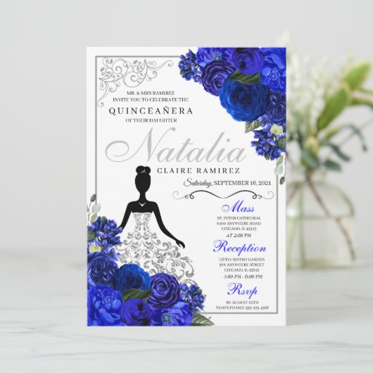 Invitation Anniversaire de la Quinceanera Royal Blue Silver (Debout devant)