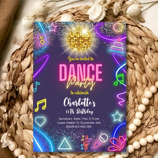 Invitation Anniversaire de la soirée de danse néon