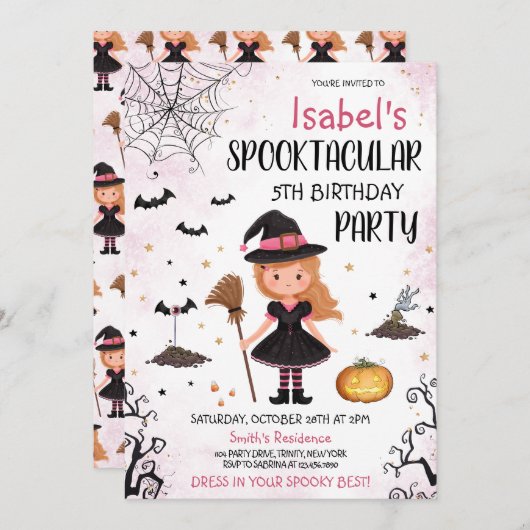 Invitation Anniversaire de la Sorcière Rose Halloween (Devant / Derrière)