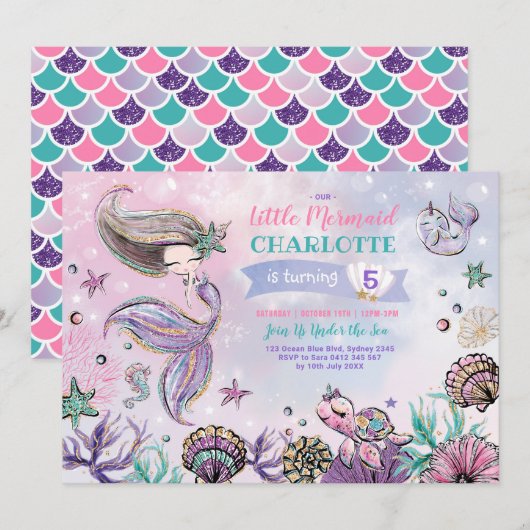 Invitation Anniversaire de la tortue des sirènes de mer Narwh (Devant / Derrière)