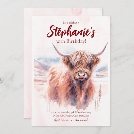 Invitation Anniversaire de la vache Highland (Devant / Derrière)