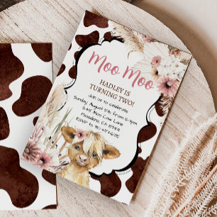 Invitation Anniversaire de la vache rose Boho Highland