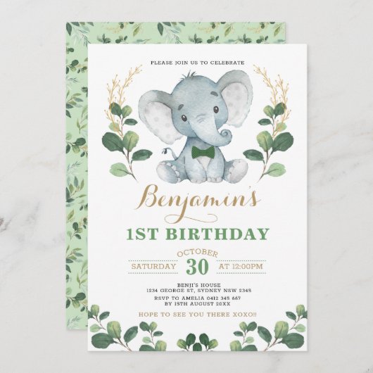 Invitation Anniversaire de la verdure des éléphants (Devant / Derrière)