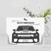 Invitation Anniversaire de la voiture Mustang noir et blanc (Debout devant)