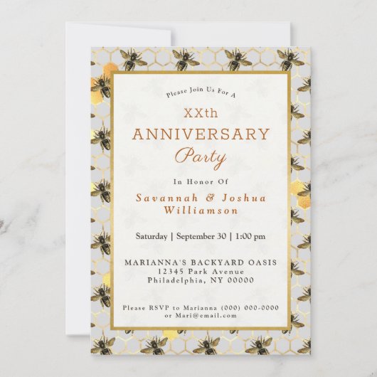 Invitation Anniversaire de l'abeille Gold Honeycomb (Devant)