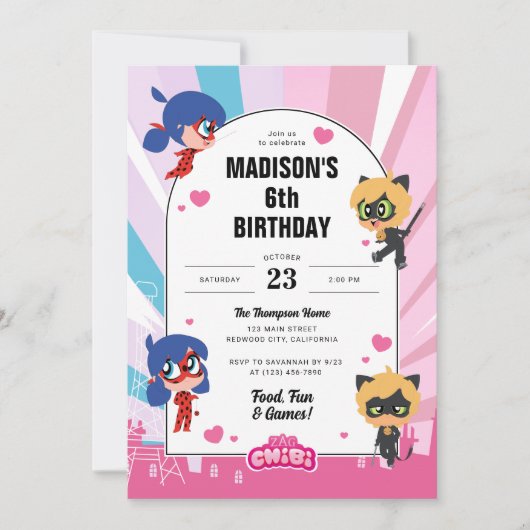 Invitation Anniversaire de Ladybug et de Cat Noir Chibi (Devant)