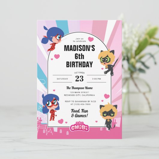 Invitation Anniversaire de Ladybug et de Cat Noir Chibi (Debout devant)