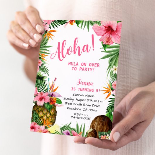 Invitation Anniversaire de l'Aloha rose, Hawaiian Luau Tropic