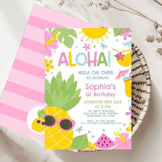 Invitation Anniversaire de l'Aloha rose vert rose