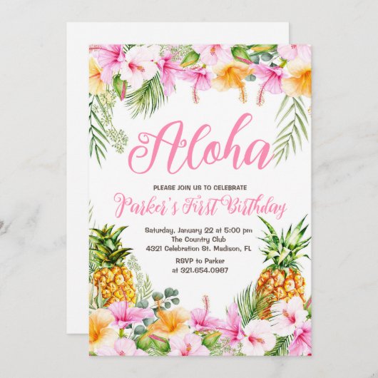 Invitation Anniversaire de l'ananas Aloha (Devant / Derrière)