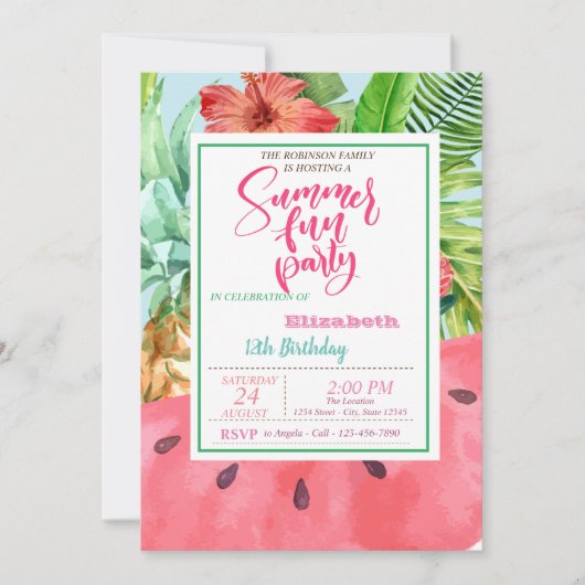 Invitation Anniversaire de l'ananas, pastèque, Palmier Feuill (Devant)