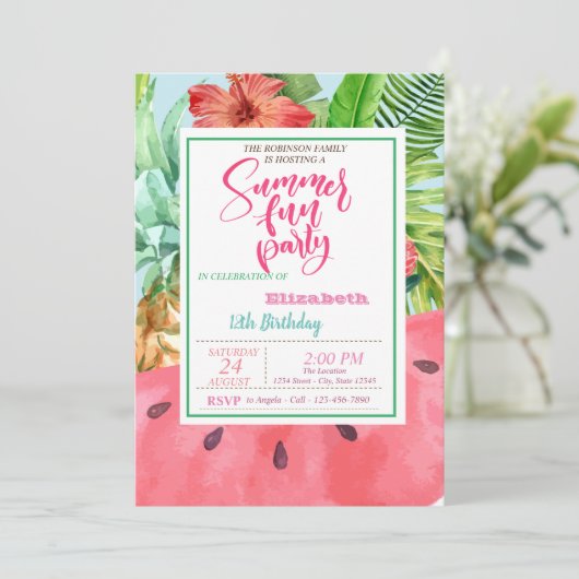 Invitation Anniversaire de l'ananas, pastèque, Palmier Feuill (Debout devant)