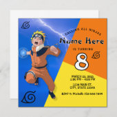 Invitation Anniversaire de l'Anime jaune bleu orange Ninja (Devant / Derrière)