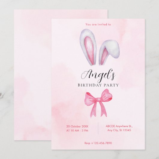 Invitation Anniversaire de lapin arc rose (Devant / Derrière)