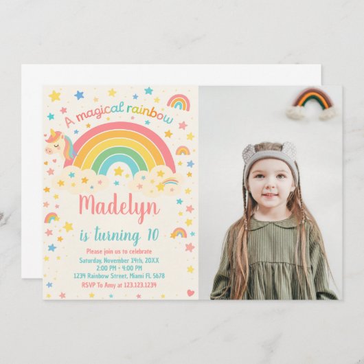 Invitation Anniversaire de l'Arc-en-ciel Unicorn (Devant / Derrière)
