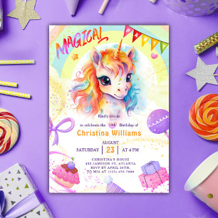 Invitation Anniversaire de l'arc-en-ciel violet Unicorne