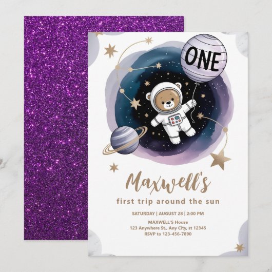 Invitation Anniversaire de l'astronaute dans l'espace 1ère an (Devant / Derrière)