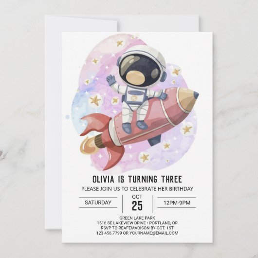 Invitation Anniversaire de l'astronaute d'Odyssée rose modern (Devant)