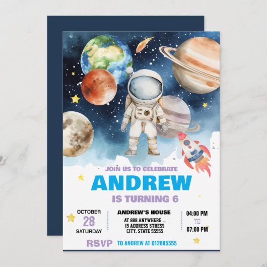 Invitation Anniversaire de l'astronaute spatial moderne perso (Devant / Derrière)