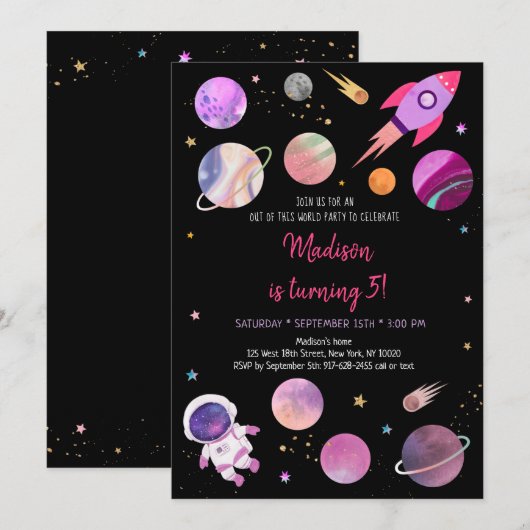 Invitation Anniversaire de l'astronaute spatiale rose (Devant / Derrière)