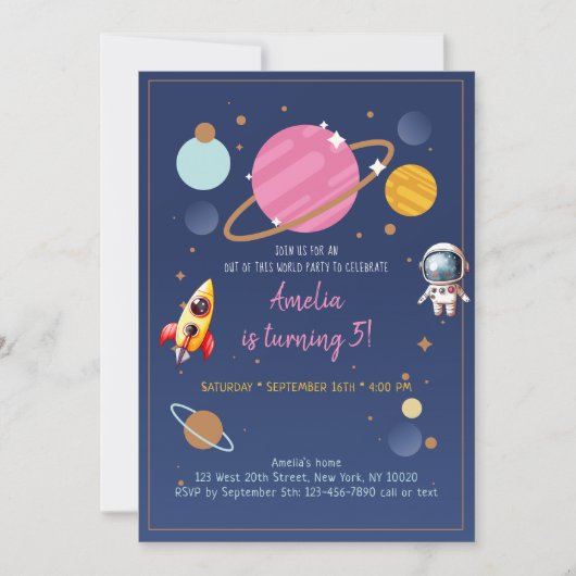Invitation Anniversaire de l'astronaute spatiale rose (Devant)