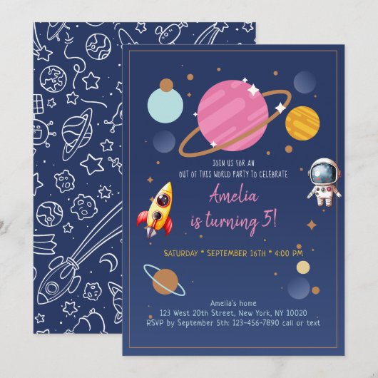 Invitation Anniversaire de l'astronaute spatiale rose (Devant / Derrière)