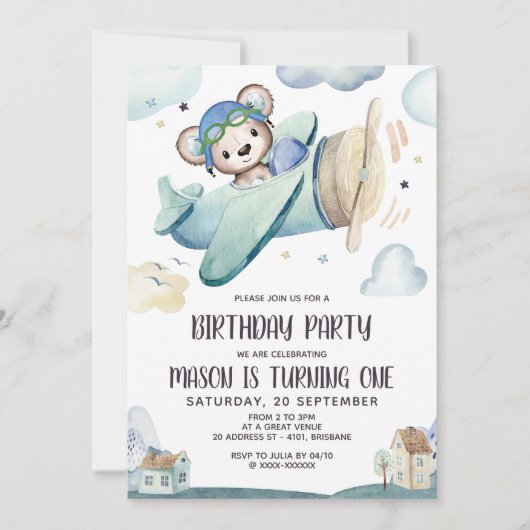 Invitation Anniversaire de l'avion Teddy Bear (Devant)