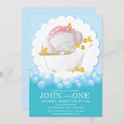 Invitation Anniversaire de l'éléphant mignon (Devant / Derrière)