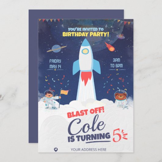 Invitation Anniversaire de l'espace extra-atmosphérique bleu, (Devant / Derrière)